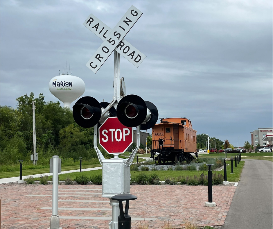pocket park with railroad artifacts